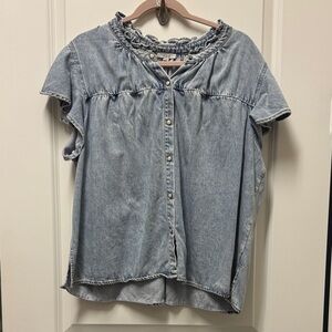 Rails Denim Ruffle Trim Button-Up Top